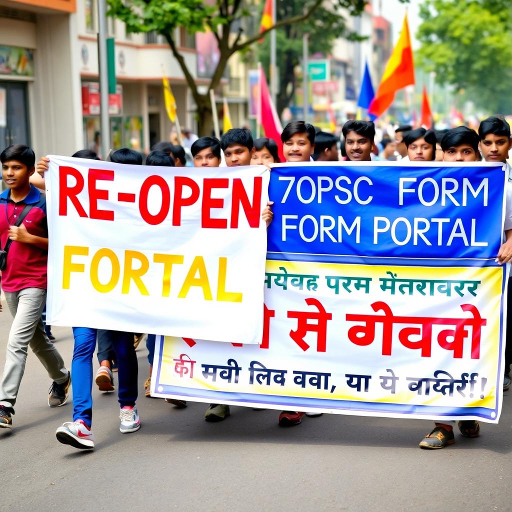 A vibrant scene of a group of enthusiastic students marching on a bustling street, holding colorful banners