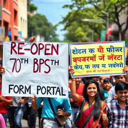 A vibrant scene of a group of enthusiastic students marching on a bustling street, holding colorful banners