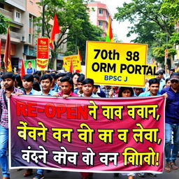 A vibrant scene of a group of enthusiastic students marching on a bustling street, holding colorful banners
