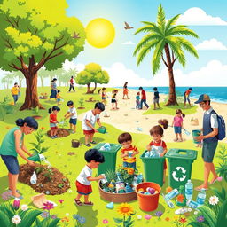 A vibrant scene depicting individuals engaged in environmentally friendly activities