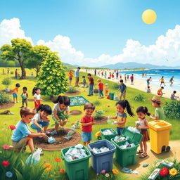 A vibrant scene depicting individuals engaged in environmentally friendly activities