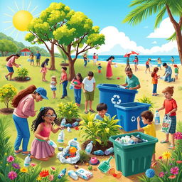 A vibrant scene depicting individuals engaged in environmentally friendly activities