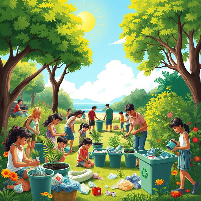 A vibrant scene depicting individuals engaged in environmentally friendly activities