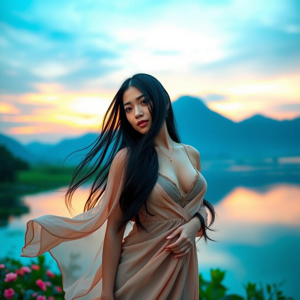 A realistic and naturally beautiful Indonesian woman standing gracefully near a tranquil lake