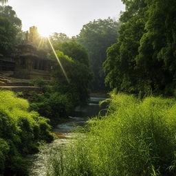 A sunlit ancient temple surrounded by lush greenery and a serene river flowing beside it