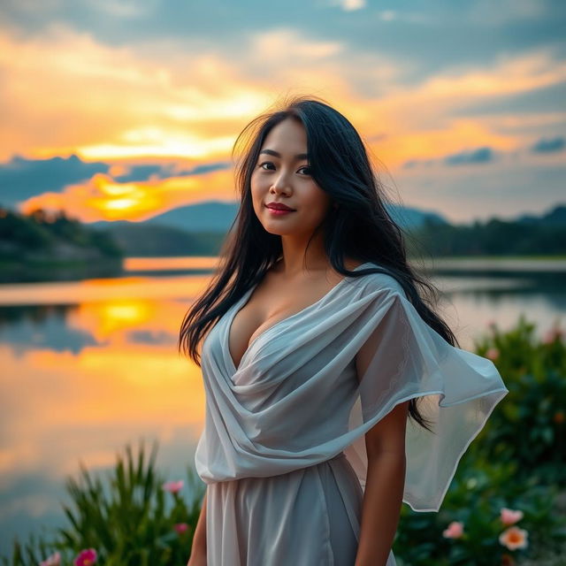 A realistic and naturally beautiful Indonesian woman standing gracefully near a tranquil lake