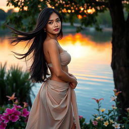 A realistic and naturally beautiful Indonesian woman standing gracefully near a tranquil lake