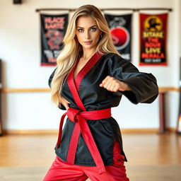 A strong and confident beautiful martial arts instructor with long blonde hair, wearing a stylish black satin karate gi