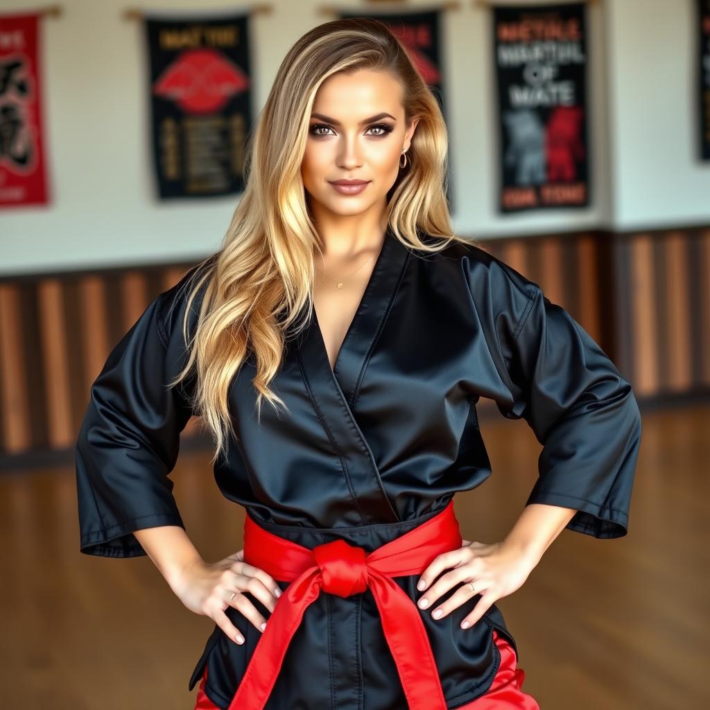 A strong and confident beautiful martial arts instructor with long blonde hair, wearing a stylish black satin karate gi