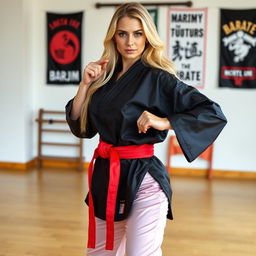 A strong and confident beautiful martial arts instructor with long blonde hair, wearing a stylish black satin karate gi