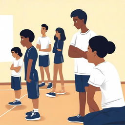 A simple yet poignant vector art image illustrating the contrasting experiences in a physical education class