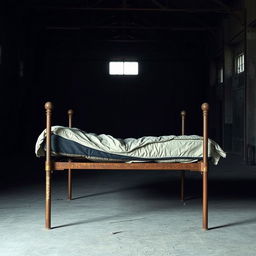 A tattered mattress resting on a rusty bedframe located in an empty, dark warehouse