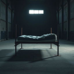 A tattered mattress resting on a rusty bedframe located in an empty, dark warehouse