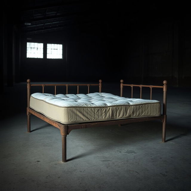 A tattered mattress resting on a rusty bedframe located in an empty, dark warehouse