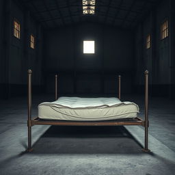 A tattered mattress resting on a rusty bedframe located in an empty, dark warehouse