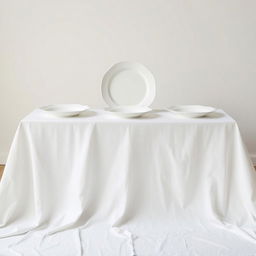 A photograph featuring three identical white plates of the same size and shape, crafted from different materials: pottery, china, and plastic