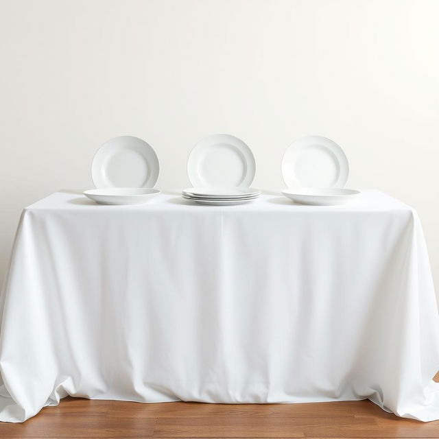 A photograph featuring three identical white plates of the same size and shape, crafted from different materials: pottery, china, and plastic