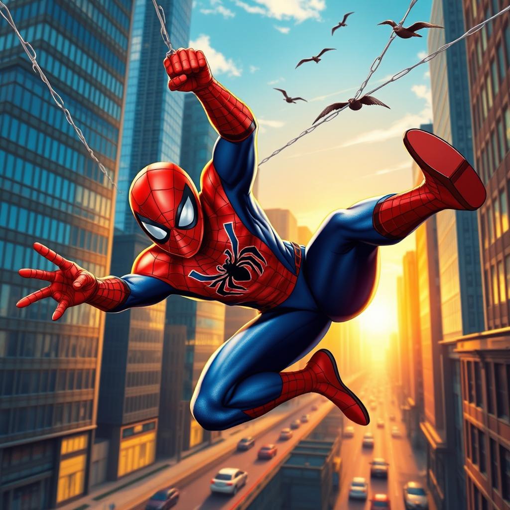 A highly detailed illustration of Spider-Man in an action-packed urban setting