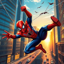 A highly detailed illustration of Spider-Man in an action-packed urban setting