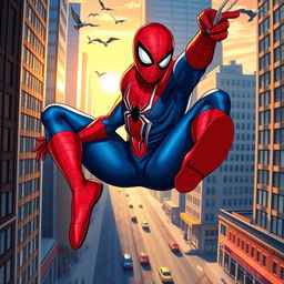 A highly detailed illustration of Spider-Man in an action-packed urban setting