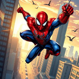 A highly detailed illustration of Spider-Man in an action-packed urban setting