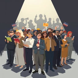 A political-themed illustration depicting a diverse group of abstract figures representing various societal roles like educators, journalists, and individuals silently witnessing social issues