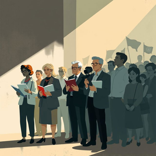 A political-themed illustration depicting a diverse group of abstract figures representing various societal roles like educators, journalists, and individuals silently witnessing social issues