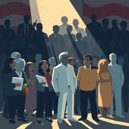 A political-themed illustration depicting a diverse group of abstract figures representing various societal roles like educators, journalists, and individuals silently witnessing social issues