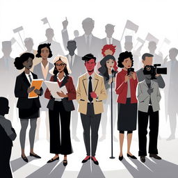 A political-themed illustration depicting a diverse group of abstract figures representing various societal roles like educators, journalists, and individuals silently witnessing social issues