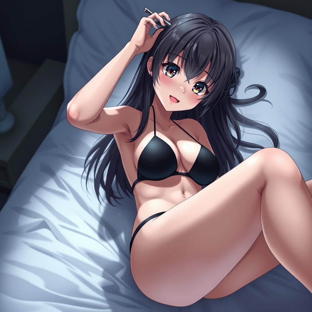 Anime girl in a black bikini, slim body, long hair, playfully enticing, lying on a bed, bright lighting, white skin, glistening with sweat, exuding passion, full body shot in high definition, 8k resolution