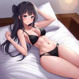 Anime girl in a black bikini, slim body, long hair, playfully enticing, lying on a bed, bright lighting, white skin, glistening with sweat, exuding passion, full body shot in high definition, 8k resolution