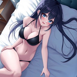 Anime girl in a black bikini, slim body, long hair, playfully enticing, lying on a bed, bright lighting, white skin, glistening with sweat, exuding passion, full body shot in high definition, 8k resolution