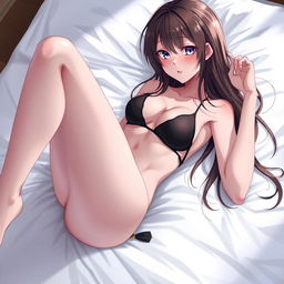 Anime girl in a black bikini, slim body, long hair, playfully enticing, lying on a bed, bright lighting, white skin, glistening with sweat, exuding passion, full body shot in high definition, 8k resolution