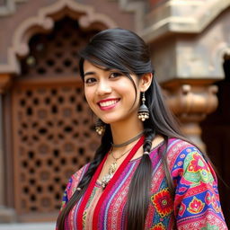 A young woman wearing a vibrant Newari traditional dress, showcasing intricate patterns and rich colors