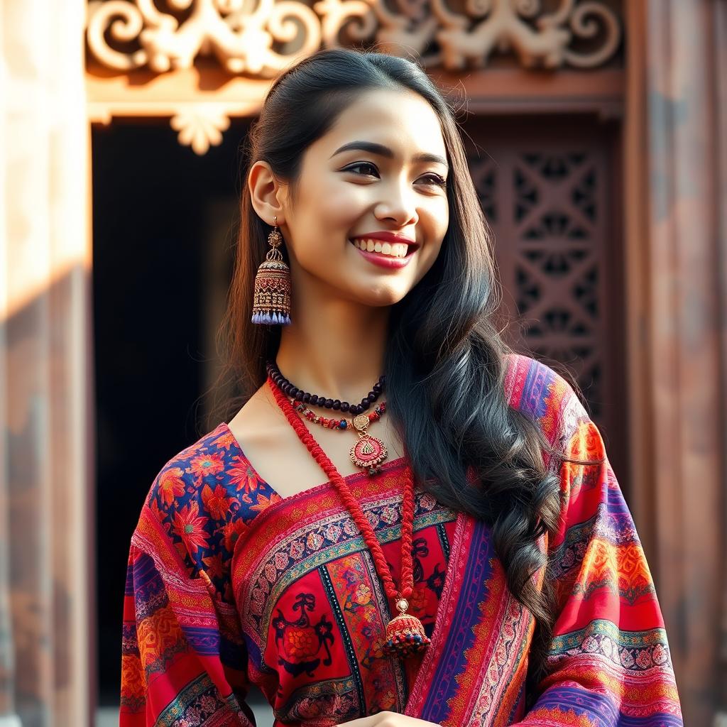 A young woman wearing a vibrant Newari traditional dress, showcasing intricate patterns and rich colors