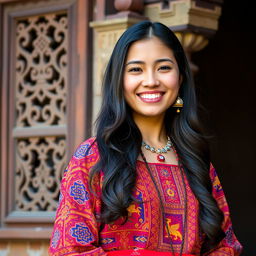 A young woman wearing a vibrant Newari traditional dress, showcasing intricate patterns and rich colors