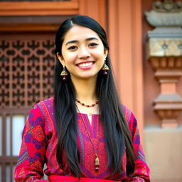A young woman wearing a vibrant Newari traditional dress, showcasing intricate patterns and rich colors