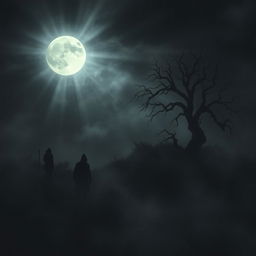 A dark, eerie landscape with swirling shadows and a dense fog enveloping the scene