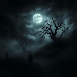 A dark, eerie landscape with swirling shadows and a dense fog enveloping the scene
