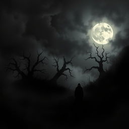 A dark, eerie landscape with swirling shadows and a dense fog enveloping the scene