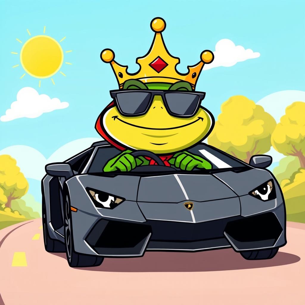 A cartoon-style illustration of King Wart, the frog character, driving a sleek Lamborghini car