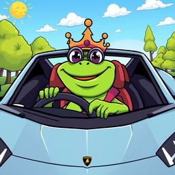A cartoon-style illustration of King Wart, the frog character, driving a sleek Lamborghini car