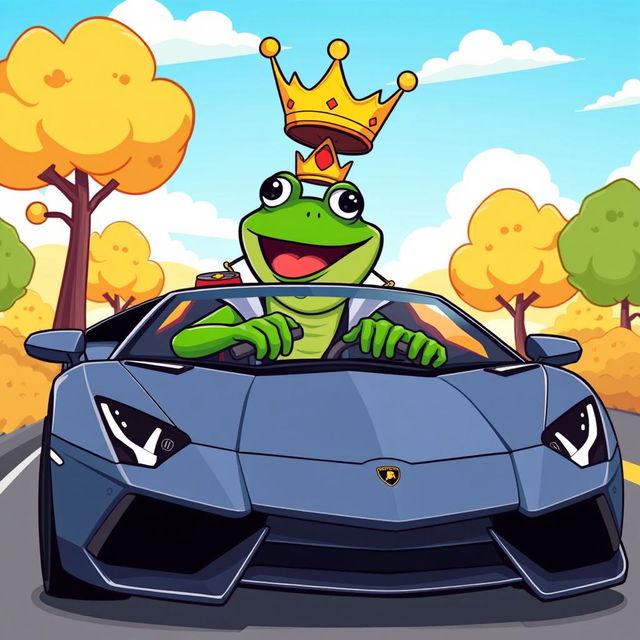 A cartoon-style illustration of King Wart, the frog character, driving a sleek Lamborghini car