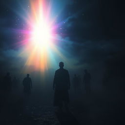 A mystical scene capturing the essence of immortal light illuminating a dark, shadowy world