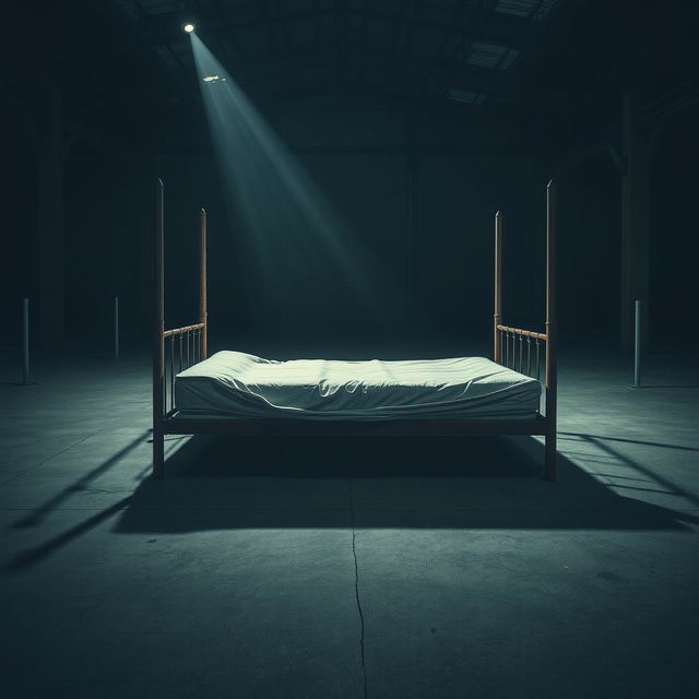 A tattered mattress placed on a rusty bedframe situated in an empty, dark warehouse