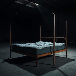 A tattered mattress placed on a rusty bedframe situated in an empty, dark warehouse