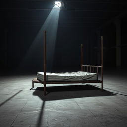 A tattered mattress placed on a rusty bedframe situated in an empty, dark warehouse