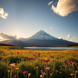 A breathtaking landscape featuring a majestic mountain range in the background, adorned with snow-capped peaks reflecting the sunlight