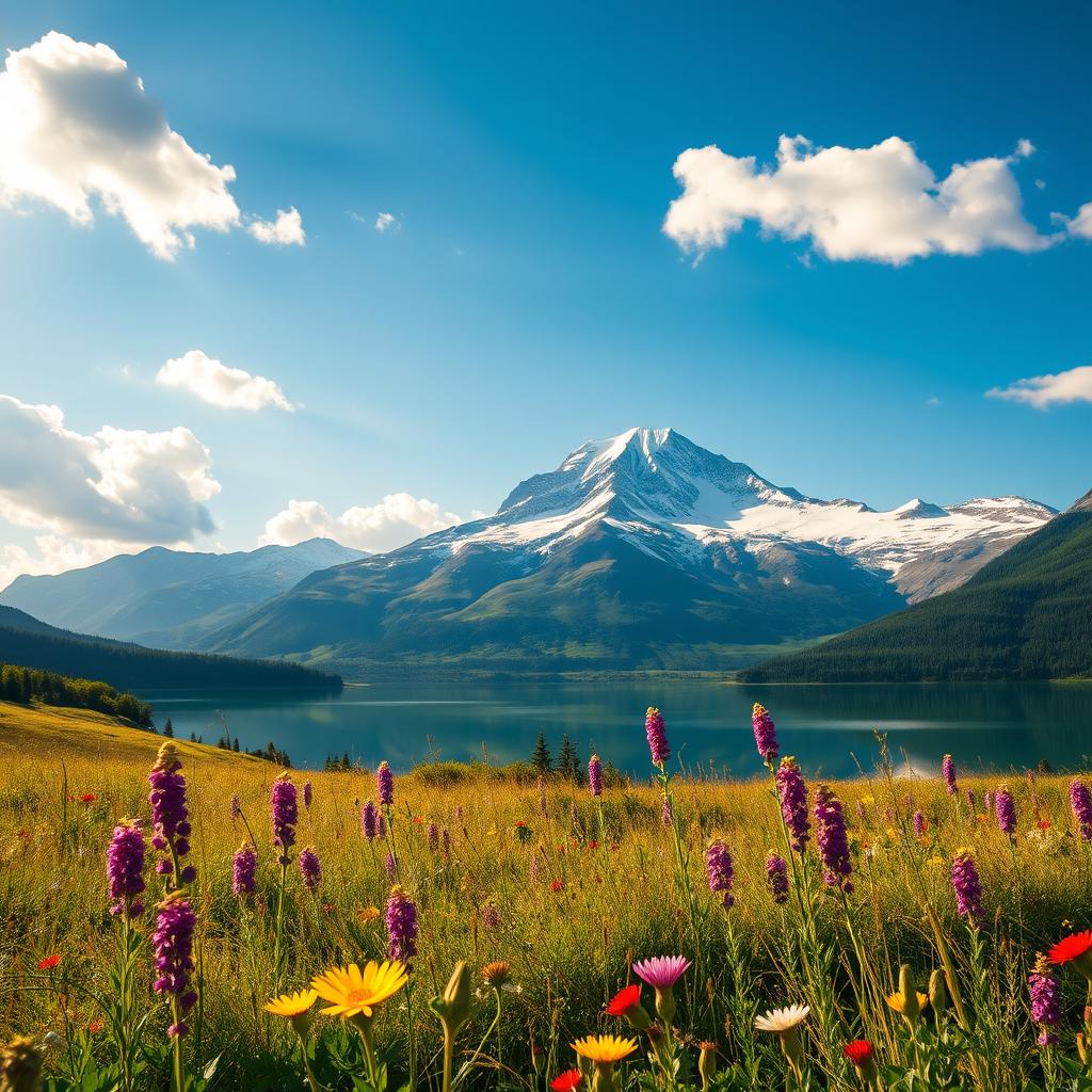 A breathtaking landscape featuring a majestic mountain range in the background, adorned with snow-capped peaks reflecting the sunlight