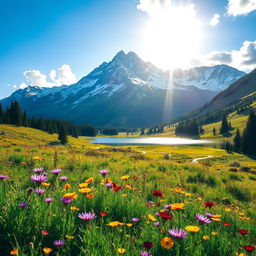 A breathtaking landscape featuring a majestic mountain range in the background, adorned with snow-capped peaks reflecting the sunlight